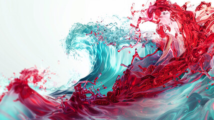 A high-resolution image depicting the dynamic swirl of aquamarine and cherry red waves, crisply contrasted against a white background, as if taken by an ultra HD camera.