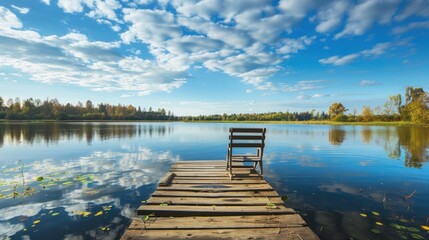 Landscape with a long wooden pier with chairs for fishing and relaxing enjoying the lake view