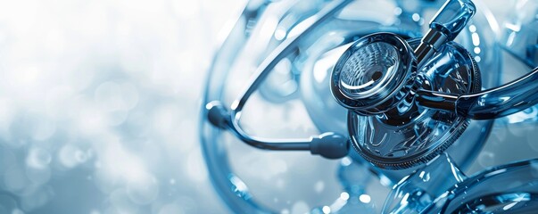 A blue and white image of a stethoscope. Concept of medical care and attention