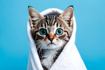 Portrait of funny wet tabby lovely kitten after bath wrapped in white towel at light blue background, looking away. Small domestic fluffy cat with big blue eyes. Self care concept. Copy ad text space - Powered by Adobe