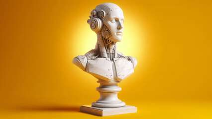 Sculpture of robot head w headphones on yellow background