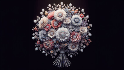 a bouquet of flowers with a tassel on a black background