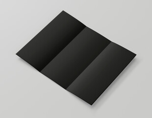 Black A4 trifold paper brochure mockup, Blank tempelate, Leaflet, Pamphlet, Flyer, Booklet, Catalog empty mock-up, 3D Rendered isolated on a light background