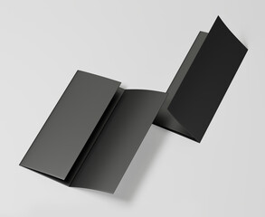 Black A4 trifold paper brochure mockup, Blank tempelate, Leaflet, Pamphlet, Flyer, Booklet, Catalog empty mock-up, 3D Rendered isolated on a light background
