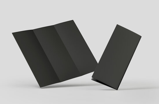 Black A4 trifold paper brochure mockup, Blank tempelate, Leaflet, Pamphlet, Flyer, Booklet, Catalog empty mock-up, 3D Rendered isolated on a light background