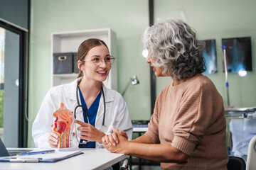 Caucasian woman and elderly Asian woman discuss health issues cold, influenza, pneumonia, bronchitis, stomach disease, GERD, IBS, inflammatory bowel disease, gallstones, chronic constipation