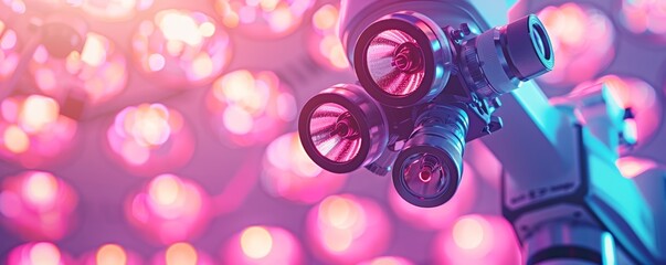 A close up of a medical instrument with a pink background. The instrument is a microscope and the background is a lighted room. Scene is one of focus and precision