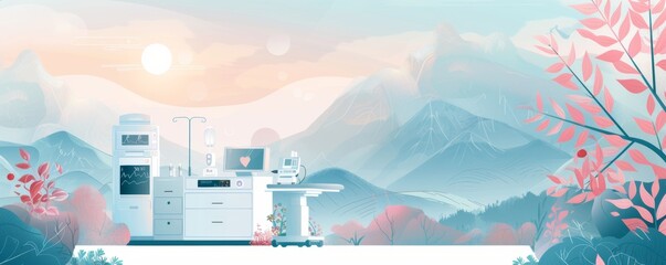 A mountain range with a sun in the sky. A white machine with a heart on it. A desk with a computer and a printer