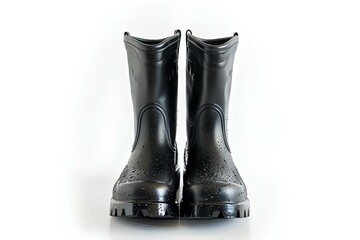 A pair of black rain boots on a white surface