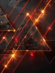 An abstract image of glowing triangles and red laser beams on a dark background.