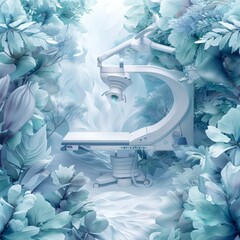 A white medical device is surrounded by a forest of blue flowers. The device is a CT scanner, and the flowers are a representation of the natural world. Concept of calm and serenity