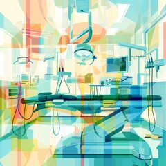 A colorful drawing of a hospital room with a bed, a chair, and a monitor. Scene is bright and cheerful, with the colors and shapes creating a sense of energy and life
