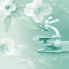 A microscope is placed on a green background with flowers. Concept of curiosity and scientific exploration