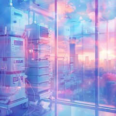 A hospital room with a view of a city and a sunset. The room is filled with medical equipment, including a ventilator and a monitor