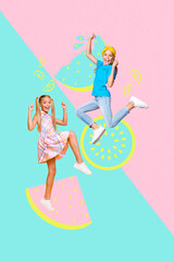 Vertical photo collage of two happy schoolgirls jump together friends summer holiday free time happiness isolated on painted background