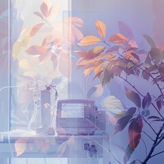 A medical device is on a table next to a leafy tree. The device is a monitor that is used to measure a patient's vital signs. The image has a calming and peaceful mood