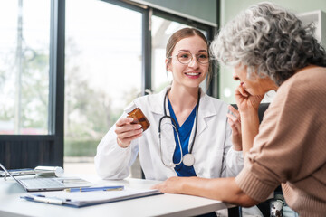 Caucasian female psychiatrist sits at her desk, providing mental health consultations and therapy...