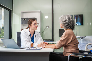 Caucasian female psychiatrist sits at her desk, providing mental health consultations and therapy...
