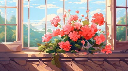 Fototapeta na wymiar Beautiful geraniums on a balcony art painting.