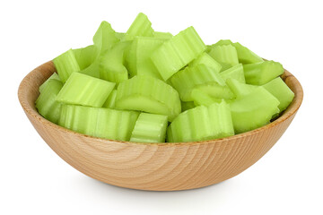 fresh celery in wooden bowl isolated on white background with full depth of field
