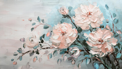 Floral oil painting. Beautiful flowers. Abstract texture, brushstroke. Pastel blue and white colors.