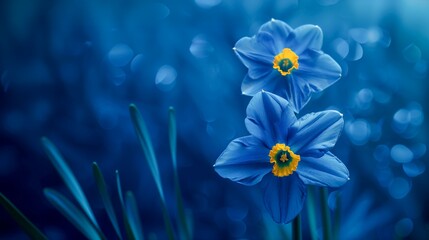 Azure Embrace: Ethereal Blue Daffodils Against a Luminous Sapphire Backdrop