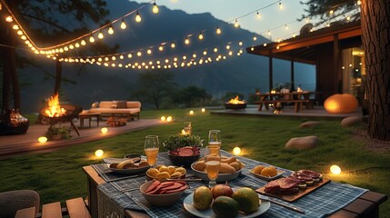 Evening, summer outdoor, outdoor barbecue, tables on the grass, food, string lights, distant views, dinner party atmosphere. Generative AI. - obrazy, fototapety, plakaty