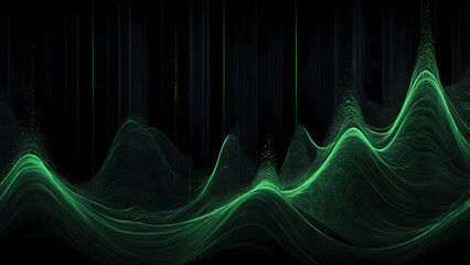 Graphic drawing sound recording. Green waves against a dark background, sound patterns