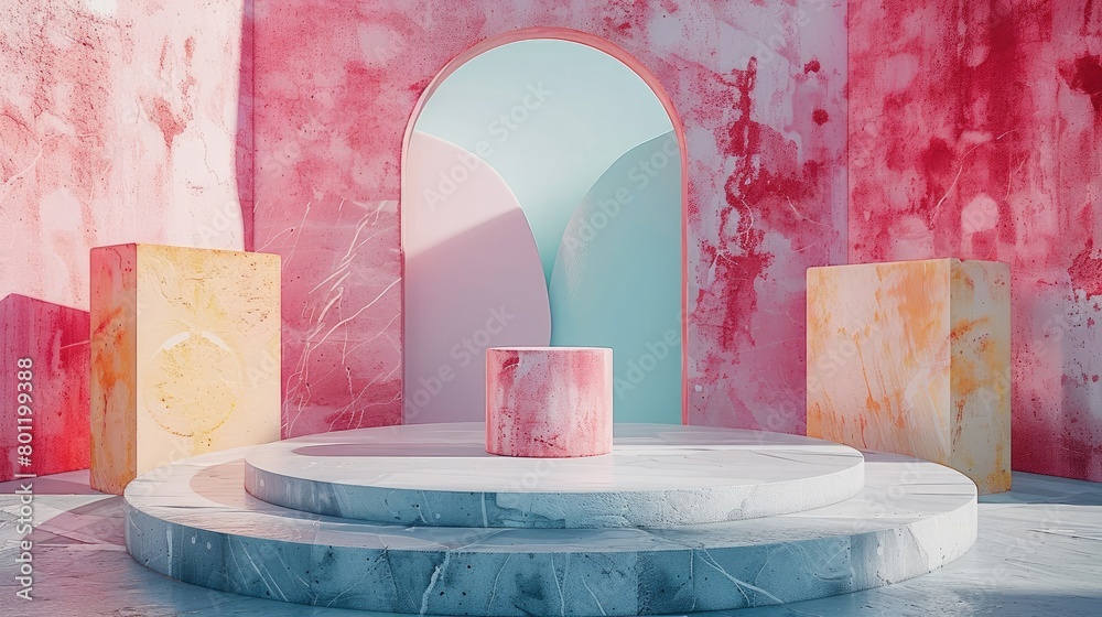 Aufkleber Empty pedestal product display with a stone podium geometry adorned by abstract pastel geometric shapes, creating a visually appealing platform for showcasing cosmetics. Generative AI.