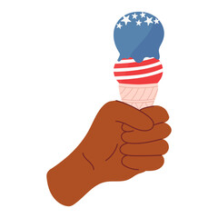 Handdrawn illustration of dark skin hand holding an ice-cream with Amercian flag. Vector design for 4th of July.