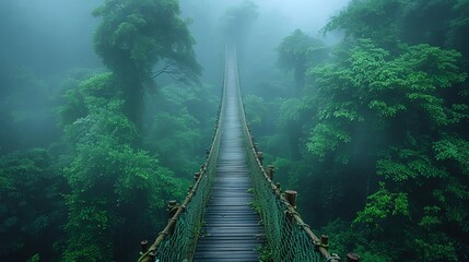 Eco-tourism adventure in a lush rainforest, canopy bridges above misty valleys, sustainable travel