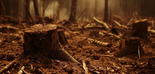 Fototapeta premium Cinematic and detailed close-up in high-resolution showcasing the impact of deforestation on a forest, set against an earthy brown background