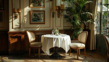 An elegant dining setup in a classic restaurant interior, bathed in warm natural light, featuring a solitary table near window curtains and lush indoor plants.
 - Powered by Adobe