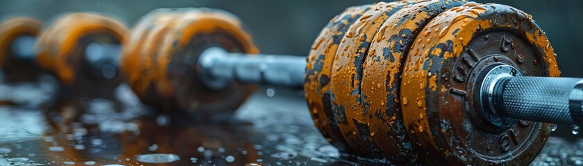 Fitness routine detail, close-up on weights and gear, the texture of effort and dedication