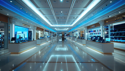 Fototapeta premium A retail shopping mall laptops computers sells section set in a highly mall illuminated atmosphere. Generative AI.