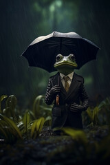 Wide shot of frog in business suit with umbrella standing alone on lotus leaf pond ,isolated on raining dark forest backdrop