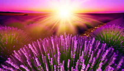 Obraz premium Picnic view of a lavender field at sunrise or sunset with beautiful purple hues. Concept of nature