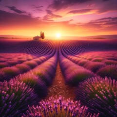 Picnic view of a lavender field at sunrise or sunset with beautiful purple hues. Concept of nature