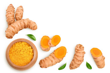 Turmeric powder in wooden bowl and turmeric root isolated on white background. Top view with copy space for your text. Flat lay - obrazy, fototapety, plakaty