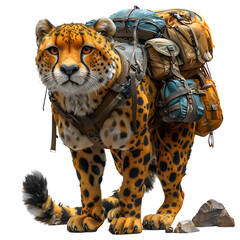 An animated 3D render of an alert cheetah defending a group of hikers.