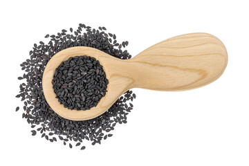 black sesame seeds in wooden spoon isolated on white background. Top view. Flat lay - obrazy, fototapety, plakaty