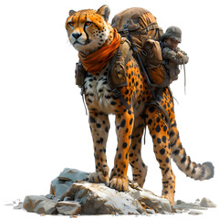 A 3D cartoon rendering of a heroic cheetah safeguarding a group of hikers.