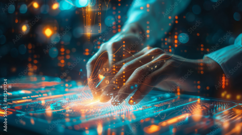 Poster a person interacts with a futuristic interface, glowing with digital data and light in a high-tech w