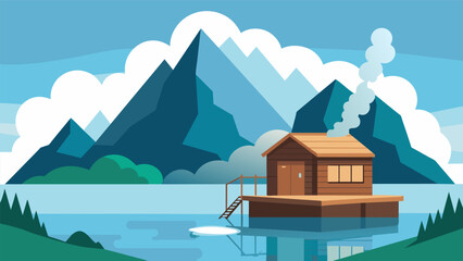 Sitting on the edge of a clear mountain lake this sauna uses water from the lake for steam eliminating the need for traditional heating ods.. - obrazy, fototapety, plakaty