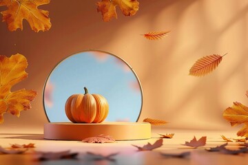 3D background. Orange Podium display with pumpkin and autumn leaf. Cosmetic, beauty product promotion. Fall pedestal with natural shadow. Halloween showcase. generative ai.