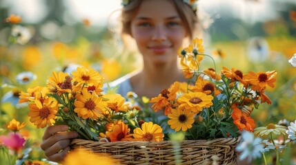 A young woman in a field full of flowers, collecting flowers and putting them in a weave basket she is holding in her hand. Generative AI.