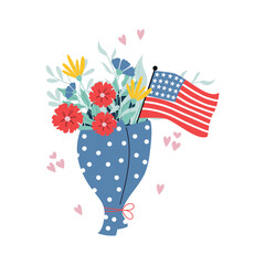 Handdrawn flower bouquet with American flag. Vector design on 4th of July with poppy flowers.