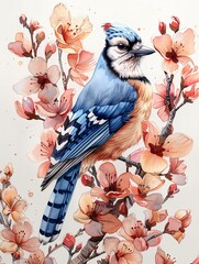 Nature scene in watercolor, Blue Jay on a branch, hand drawn, vibrant and serene with beautiful florals - obrazy, fototapety, plakaty