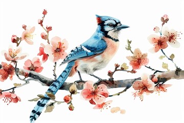 Serene and vibrant Blue Jay, hand drawn in watercolor, on a tree branch with vivid florals - obrazy, fototapety, plakaty