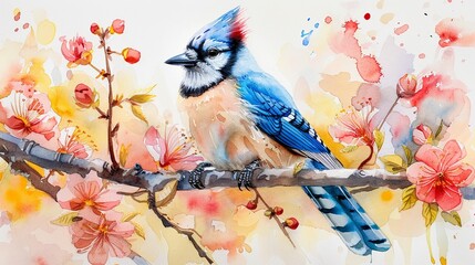 Vibrant, serene Blue Jay, watercolor hand drawing, perched on a tree branch with colorful florals - obrazy, fototapety, plakaty